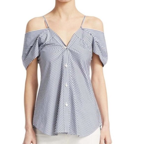 Theory Cotton Blouse Womens Small Blue Off Shoulder Cotton Striped Shirt Hartman - Picture 1 of 7
